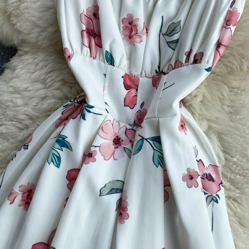 

YIZZHOY New Summer Women Spaghetti Strap Square Collar Floral Print Dress Casual Female Empire Slim Mini Dress Beach Dress