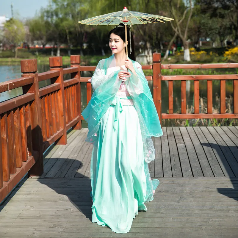 

Костюм Hanfu женское нижнее белье сказочная Зеленая фея с большими широкими рукавами женский костюм для хора и танцев