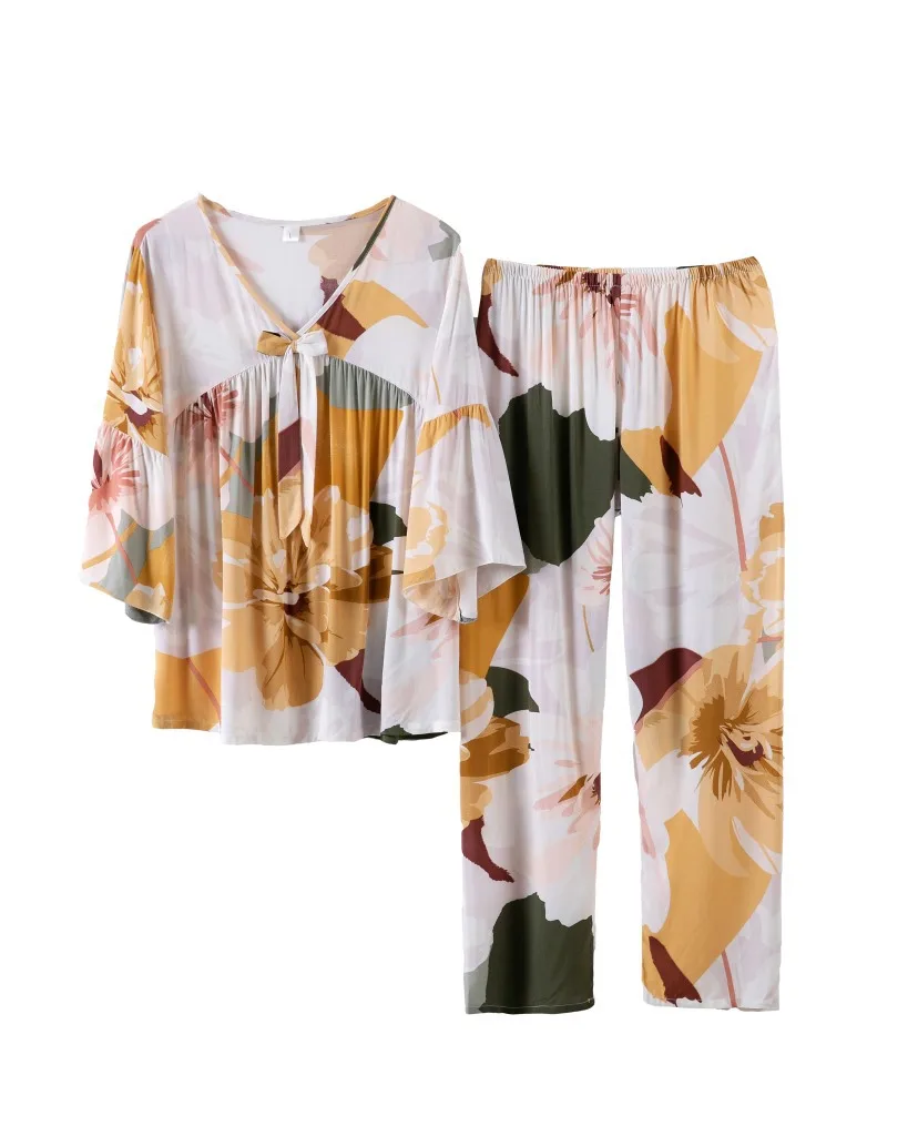 

Summer pajamas female trousers of 7 minutes of sleeve cotton silk bowknot leisurewear suit v-neck thin model