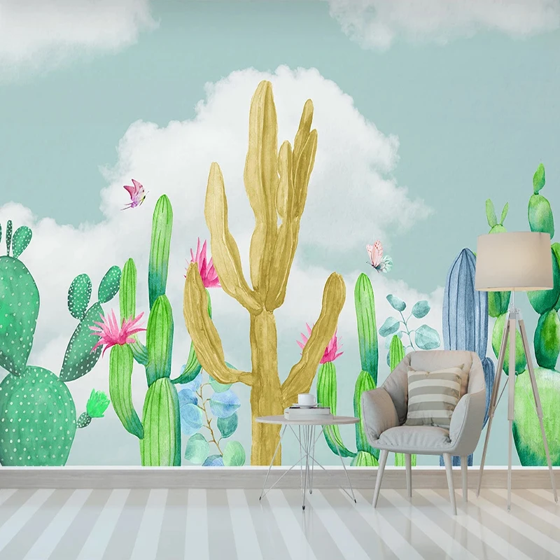 Пользовательские фото обои ручная роспись кактус бабочка картины с мультяшными