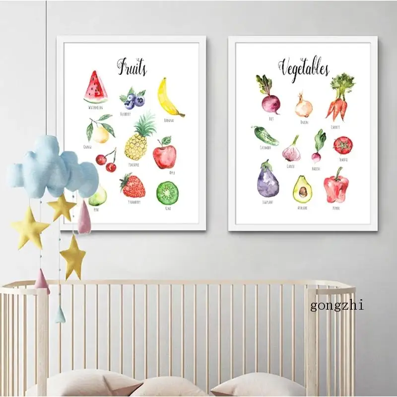 

Постер с акварельными фруктами и овощами, цветной обучающий холст для обучения, детская Настенная картина, кухонный Декор для дома