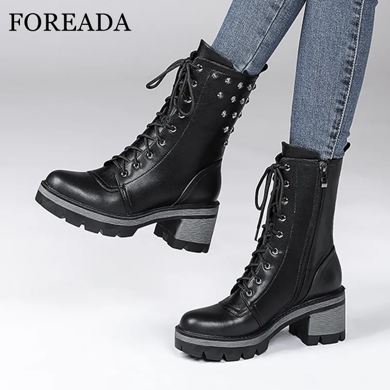 

FOREADA High Heel Woman Boots Real Leather Ankle Boots Zip Platform Thick Heel Shoes Lace Up Rivet Short Boots Ladies Black 40