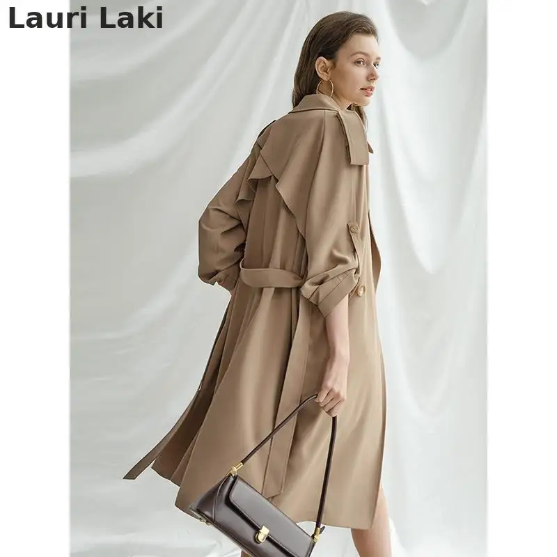 

Lauri Laki Elegant Long Trench Coat with Belt Women 2021 Fashion Vintage Khaki Windbreaker Female Oversize Outerwear Beige