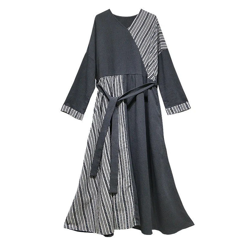 

high-end literary wash cotton linen dress autumn winter large loose lace up long slim fitting women's dress