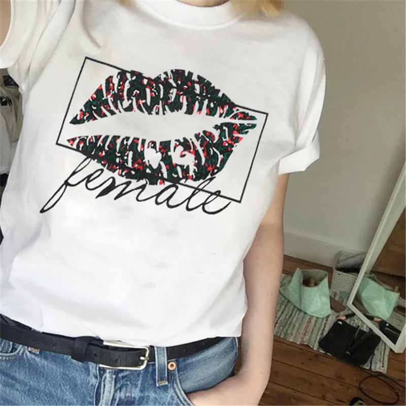 New sexy Black Lip Print T-shirt short sleeved Harajuku O collar white street Style summer fashion casual kawaii | Женская одежда
