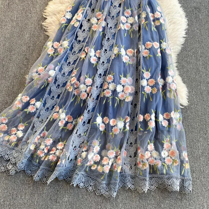 

Summer Dress New Female O-neck Short sleeve Flower embroidery Mesh Long Dress Women Elegant Slim Gauze A-line Blue Dresses