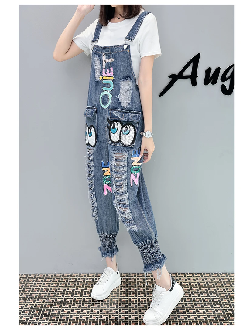 Женские джинсовые комбинезоны в стиле Харадзюку милые Корейском с блестками и