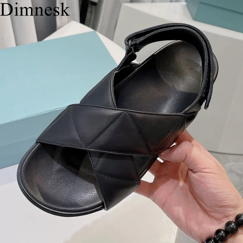 

2021 Flat Thick Sole Cross Band Sandals Women Real Leather Magic Tape Platform Sandalias Summer Comfort Vacation For Ladies