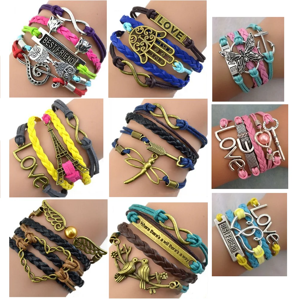 

MixMax 10PCs/Pack Mix Styles Handmade Leather Womens Fashion Multilayer Cuff Bracelets Gifts wholesale