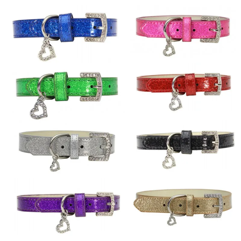 Shiny Glitter Pu Leather Dogs Collar Bling Rhinestone Heart-Shaped Pendant For Puppy Cat Pet Necklaces Small Medium Large Dogs