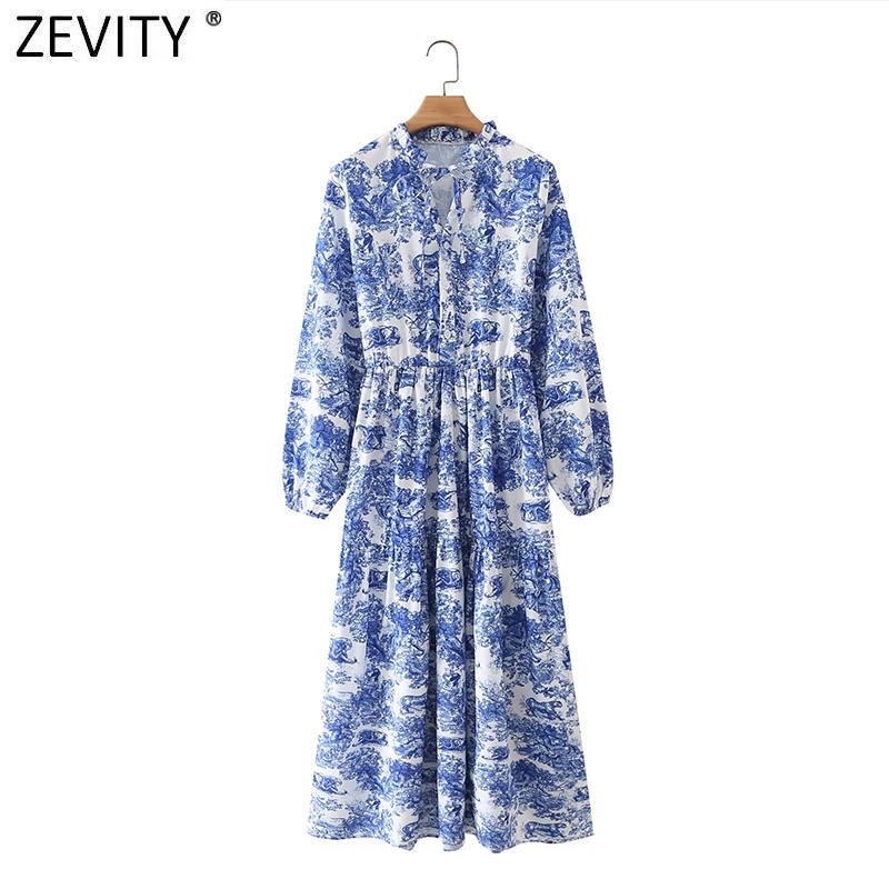 

Новинка 2021, женское винтажное голубое платье-рубашка ZEVITY с цветочным принтом, повседневное тонкое женское платье-рубашка с V-образным вырез...