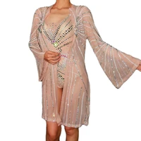 sparkling rhinestones bodysuit women mesh gauze perspective flare sleeve shirt ladies nightclub performance dance costume