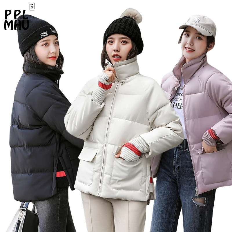 Autumn and winter women's jacket stand collar striped bread suit down cotton short 2019 female new Korean long sleeve | Женская