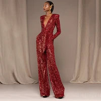 red sequined deep v belt lace up long sleeve jumpsuit 2021 autumn new sexy fashion party slim waist wide leg trousers jumpsuit