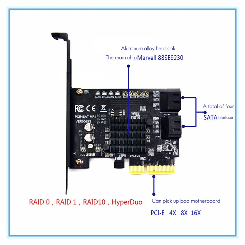 

SATA III PCIe Card,Sata 3.0 Expansion Card to PCI-E 4 Port 6G Adapter Card 88SE9230 Expansion IPFS Hard Disk RAID Card