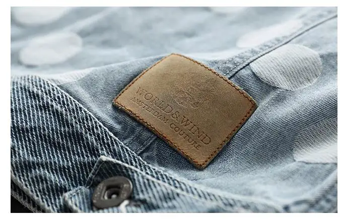 BONJEAN Mens Polka Dot Denim Jacket Mal Rock Fashion Light Blue Slim Casual Biker Jackets Coat Drop Shipping