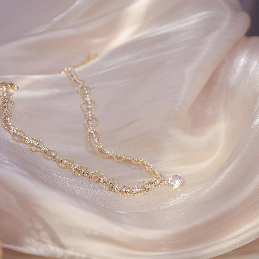 2020 Ins Hot Sale Lace Design Charm 14K Real Gold Women Necklace Bling Shining Zircon Choker for Women Jewelry Wedding Bijoux