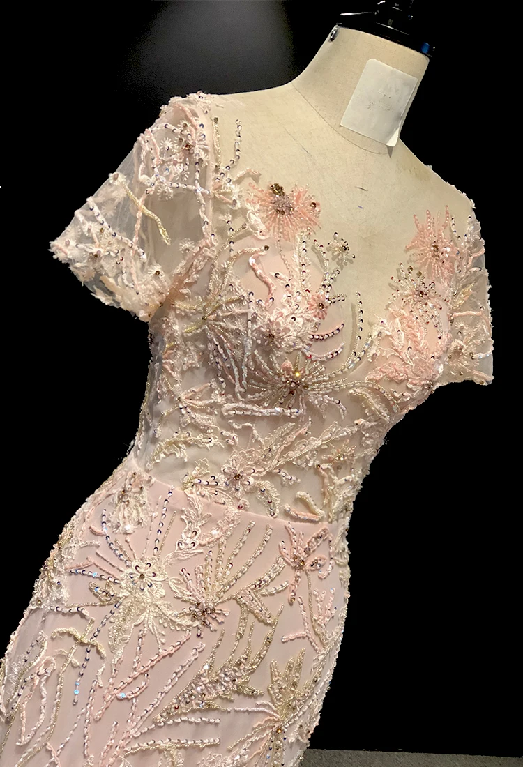 Rhine real Pictures Luxurious Pink Lace Short sleeves Beads Mermaid vestido de noiva robe de soiree arabic evening dresses long