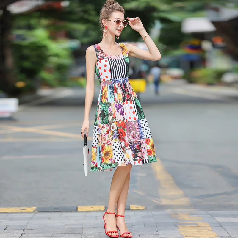 

DIDABOLE Beach Style Summer New Women'S Party Vacation Casual Print Patchwork Elegant Vintage Fashion Vest Dress