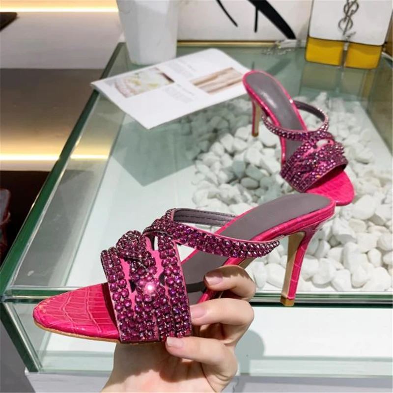 

Thin Heel Rhinestone Slippers Woman Luxury Jeweled Diamond Narrow Band Network Open Toe Genuine Leather Runway Shoes Woman