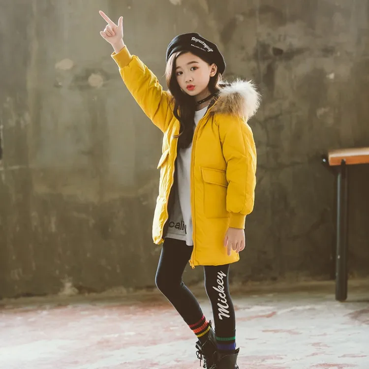Fashion Children Winter Down Cotton Jacket Girl Clothing Kids Clothes Warm Thick Parka Fur Collar Hooded Long Coats Outfits