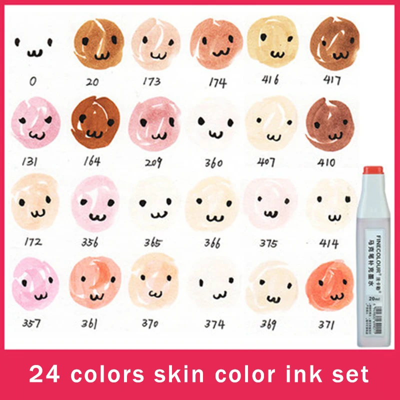 24colors-skin-set Finecolour EF900 художественные масляные спиртовые чернильные маркеры 20 мл EF100/101/102 универсальные пополняющие/добавляемые/Заполняемые жидкие чернила 480 цветов - Цвет: 24colors-skin-set