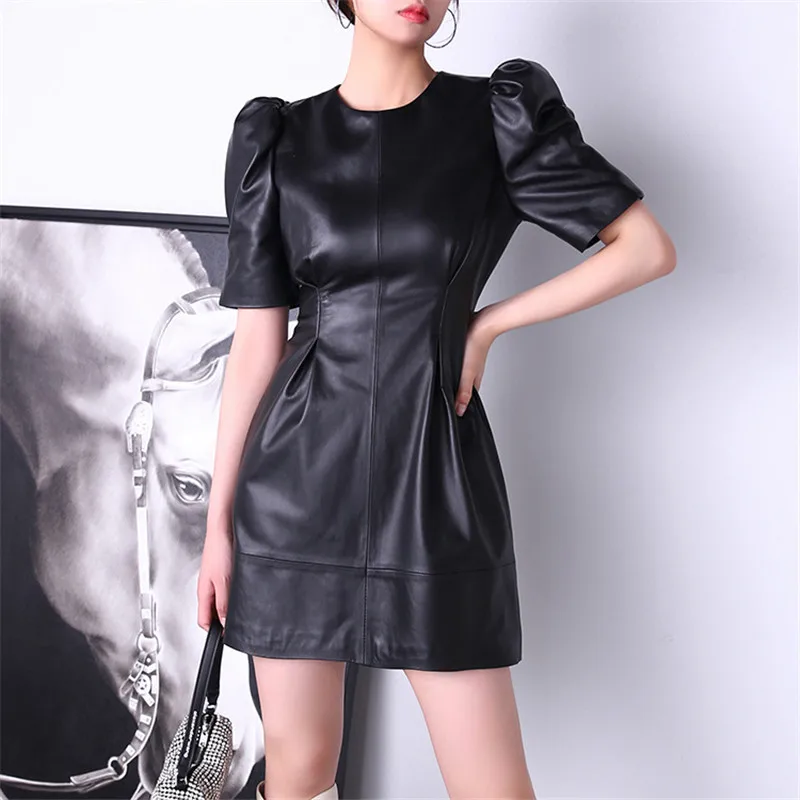 

Luxury Real Sheepskin Leather Dresses Women Female Genuine Leather O-Collar Puff Sleeve Short Sleeve High Waist Dress Clothes