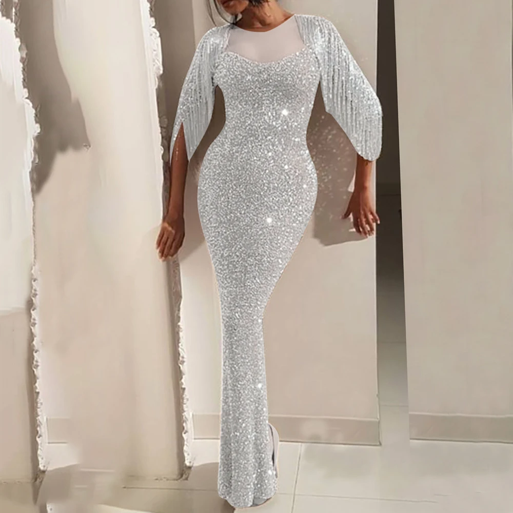 Sexy Shiny Party Dress Attractive Women Evening Sequin Patchwork Long Tassels Dresses Push Up Vestidos Slim Fit Formal | Женская одежда