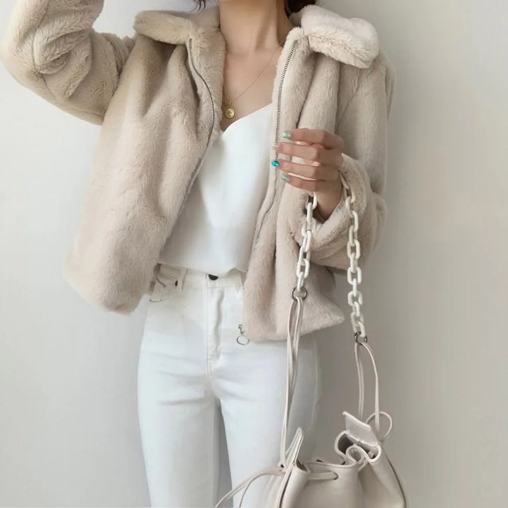 

Женская куртка из искусственного меха, однотонная утепленная куртка на молнии с отложным воротником и длинным рукавом, Осень-зима 2021