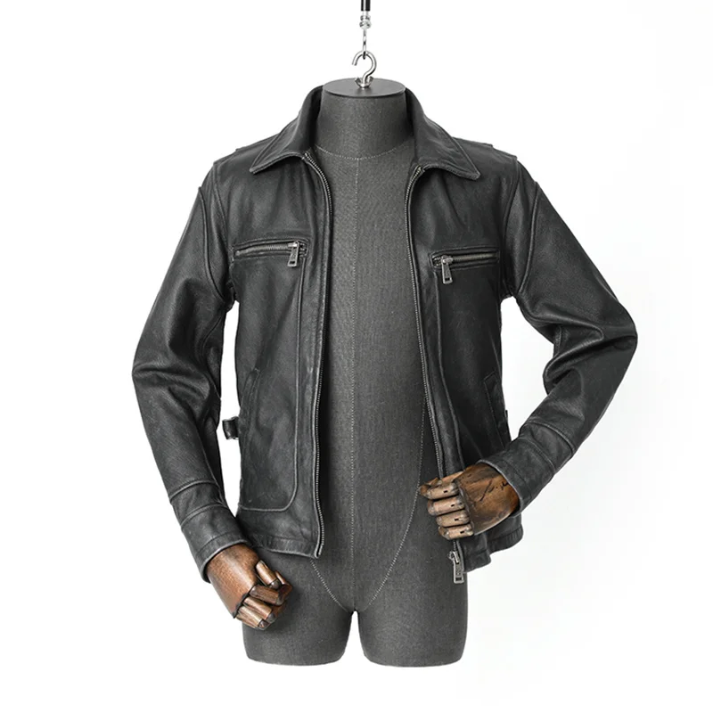 

2021 Vintage Black American Motorcycle Style Genuine Leather Jacket Men Plus Size 5XL Real Natural Cowhide Slim Fit Autumn Coat