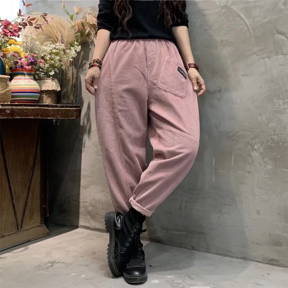 

Осень 817, Женские Мешковатые брюки с высокой талией, винтажные повседневные модные вельветовые однотонные свободные брюки-карандаш с широк...