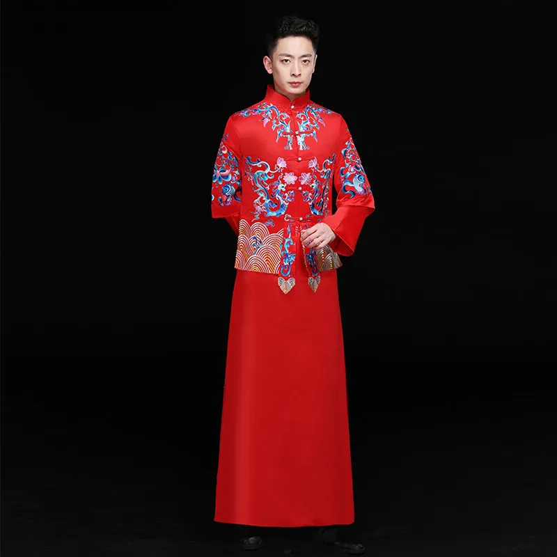 

New Embroidery Wedding Bridegroom Chinese Style Men Costume Oriental Marriage Set Vintage Tang Suit Classic Qipao For Men