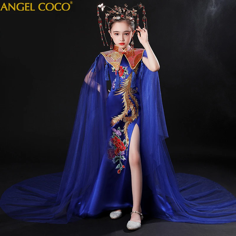 

Blue Flower Pageant Dresses For Girls Kids Mermaid Evening Dress embroidery shawl First Communion Dresses For Girls To Wedding