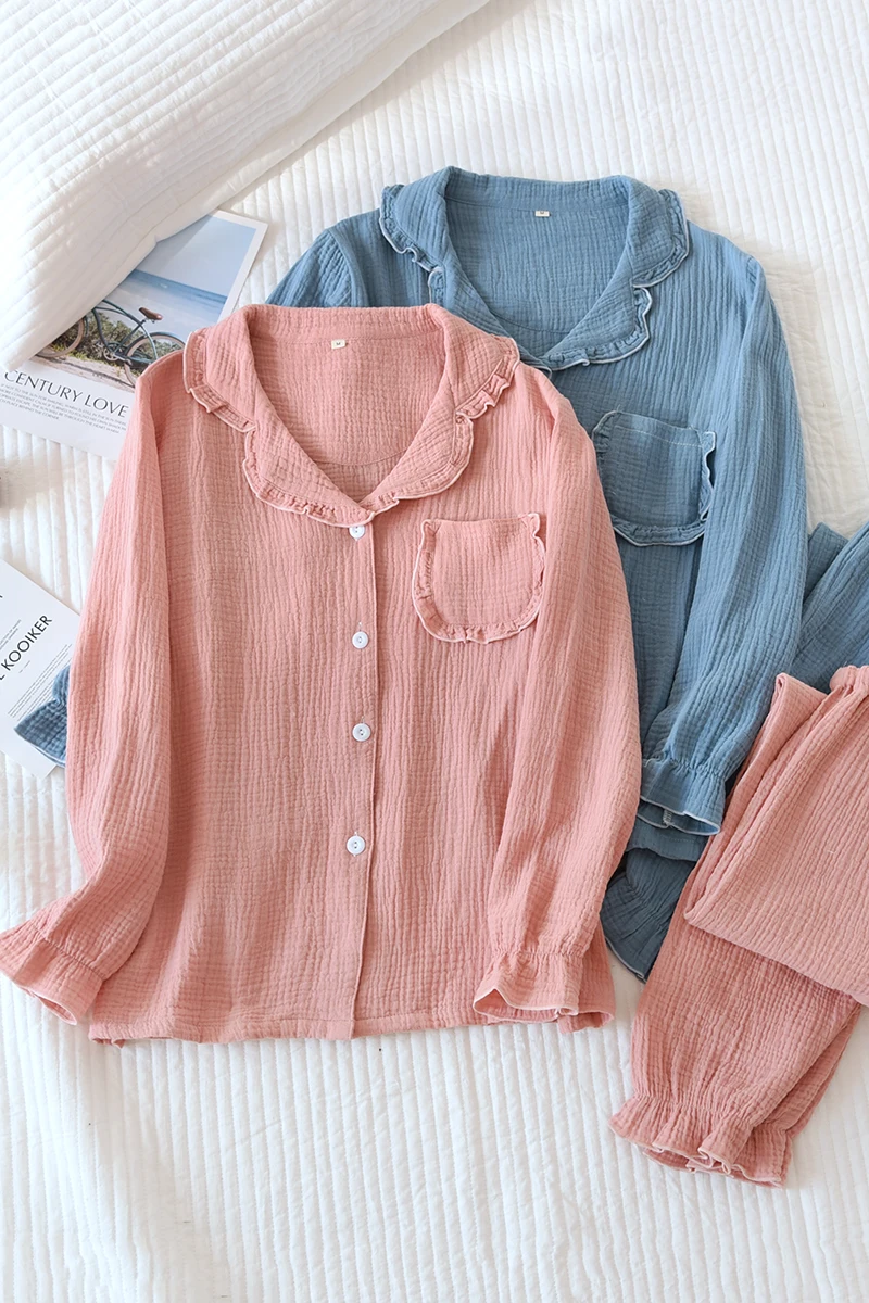 

Harajpee Women Pajamas Spring and Autumn Cotton Long Sleeve Solid Lace Loose Lovely Summer Thin Home Suit Clothing Casual