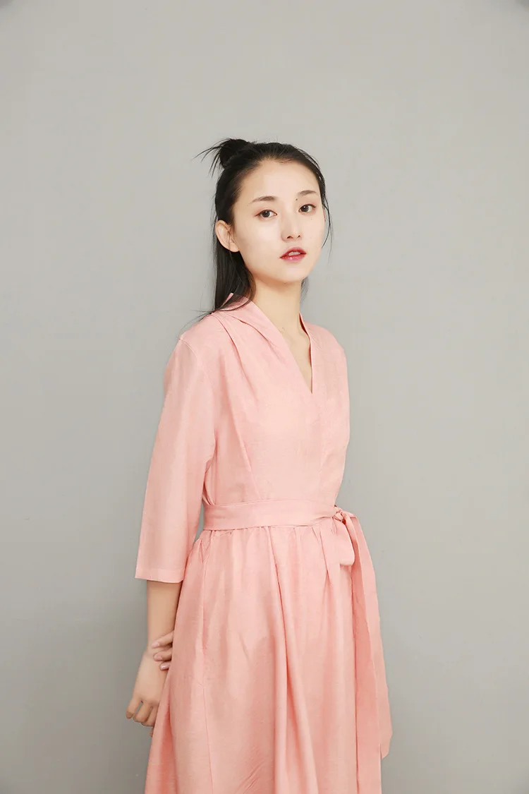 NINI WONDERLAND, летнее платье с v-образным вырезом,, женское, Tencel, льняное, винтажное платье, женское, одноцветное, длинное платье, халат, высокое качество