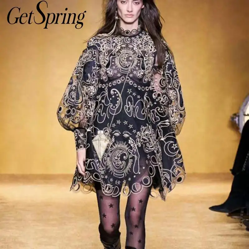 

Getspring женское платье с рукавами-фонариками, винтажные платья с вышивкой, с длинным рукавом, прозрачные черные, розовые сексуальные платья, м...