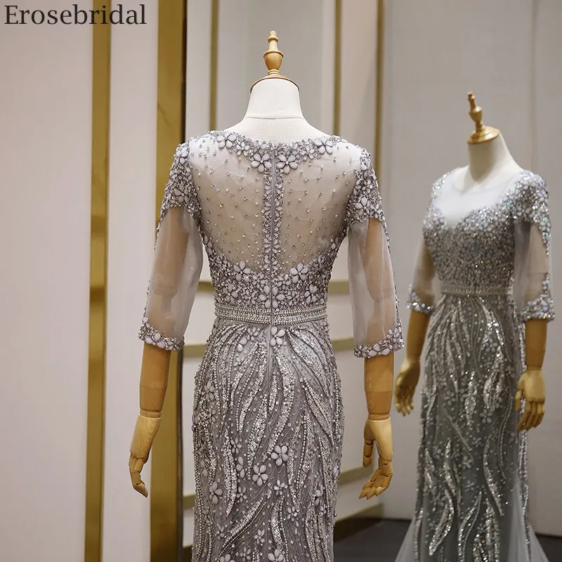 

Erosebridal Half Sleeve Grey Evening Dress Long Luxury Beads Mermaid Prom Dress 2020 Scoop Neck See Through Back Formal Dress