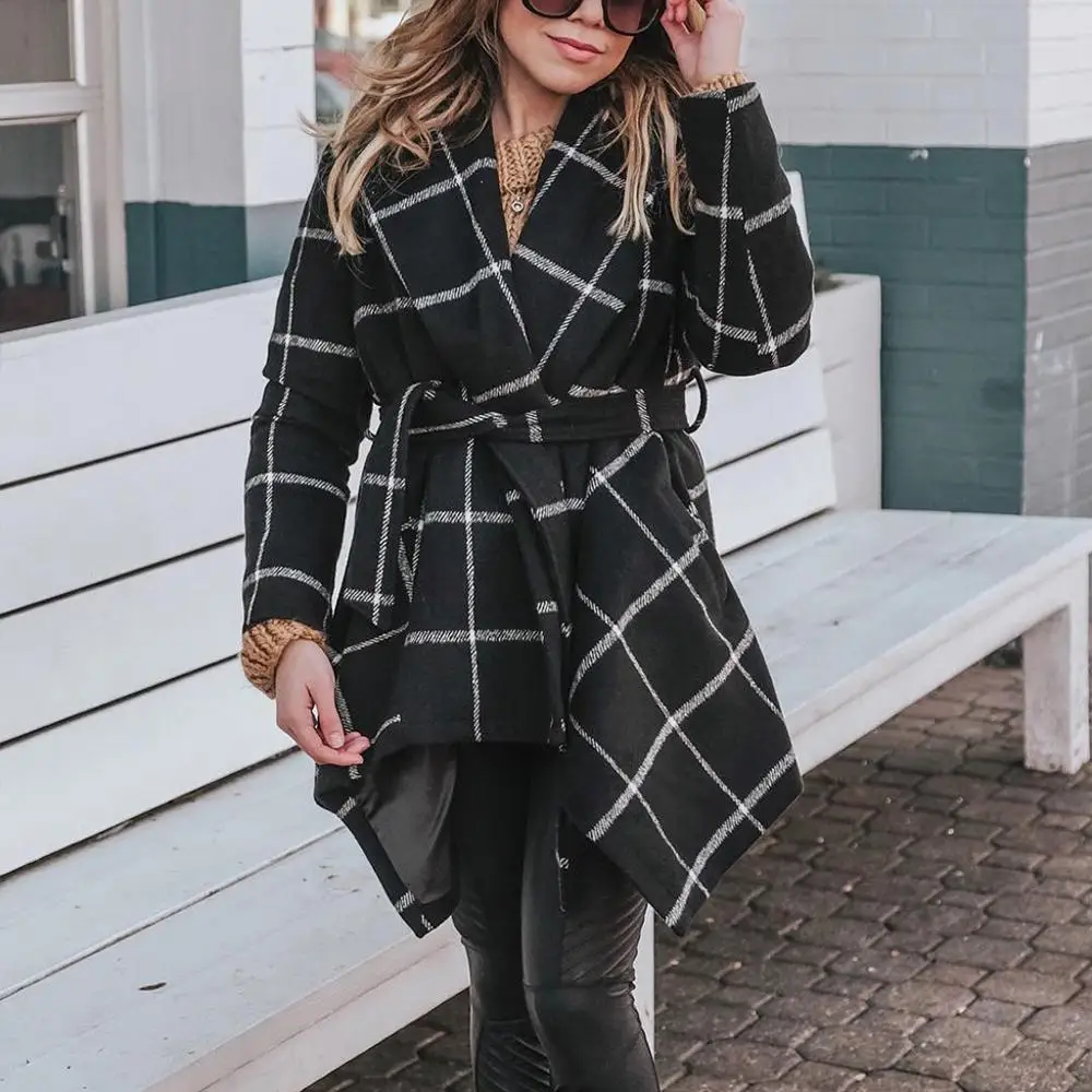 Cashmere Woolen Women Coat Winter Vintage Warm Plaid Sashes Irregular Wool Manteau Femme Abrigos Mujer Plaszcze Damskie | Женская одежда