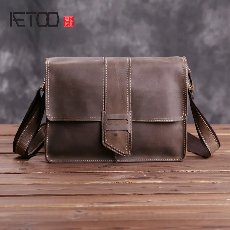 

AETOO Men's Mad Horse Leather Men's One-Shoulder Bag, Leather Slant Leather Bag, Personality Simple Retro Postman Bag