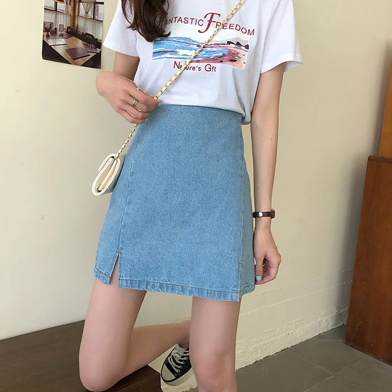 

SML Basic a line denim skirt for women 2021 spring summer high waist Blue Split mini jeans skirts Female (78323