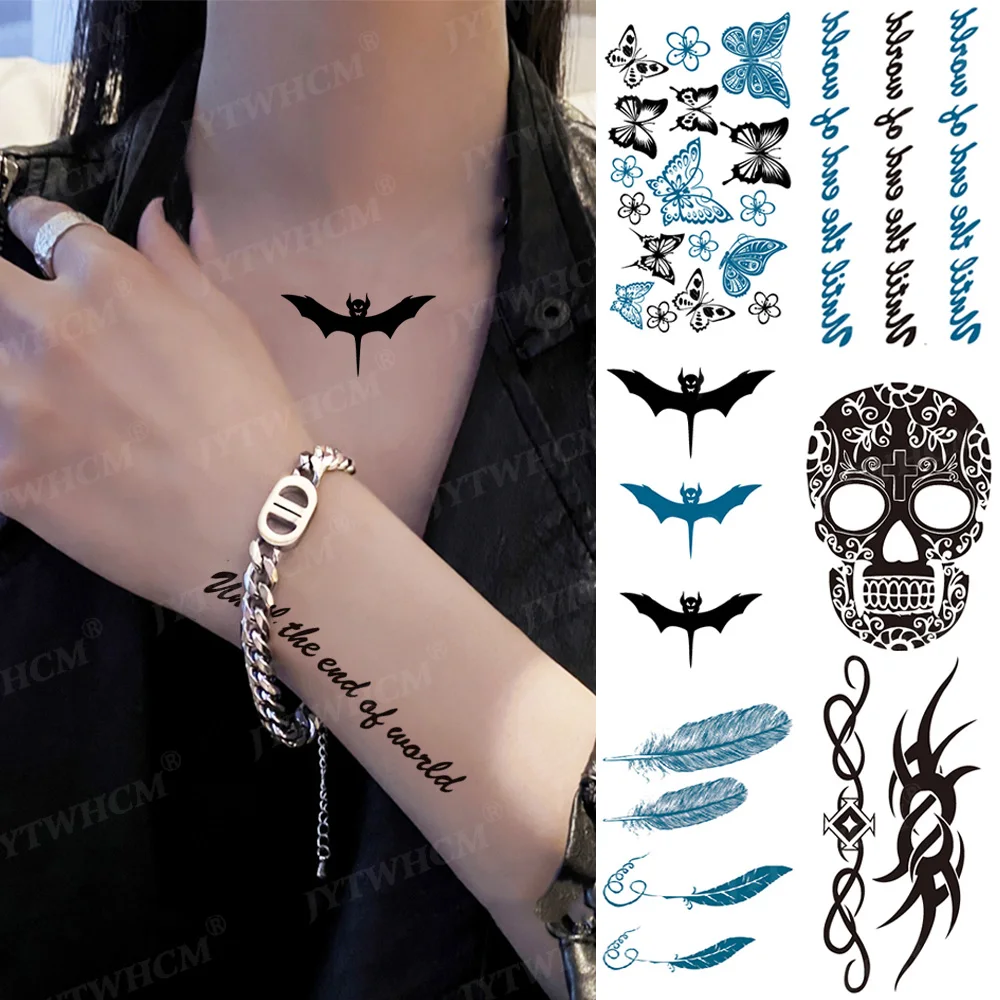 

Bat Text Letter Temporary Tattoos For Women Men Art Fake Tattoo Stickers Arm Black Words Flash Makeup Flame Body Transfer Tattos