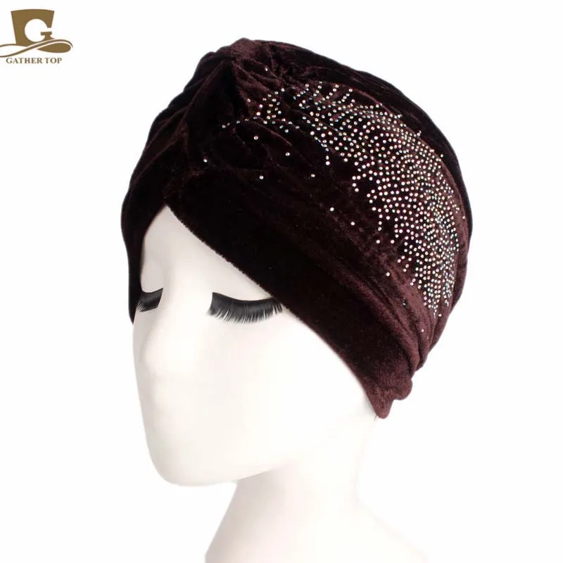 

New Muslim Women Turban Twist Style Soild Color Hot Rhinestone Design Bandana Soft Headcover Hair Loss Cap Hair Accessories