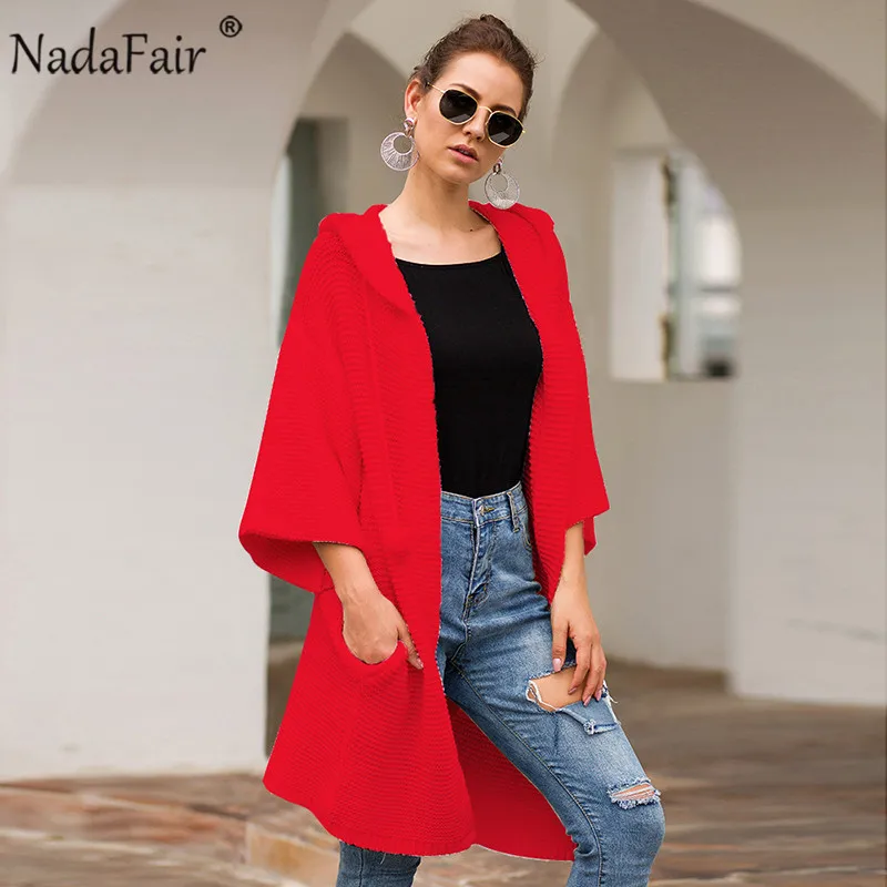 Nadafair, толстый зимний вязаный длинный кардиган, женский, плюс размер, однотонный, Повседневный, ленивый, красный, розовый, белый, с капюшоном, больше размера d, свитера для женщин - Цвет: Красный