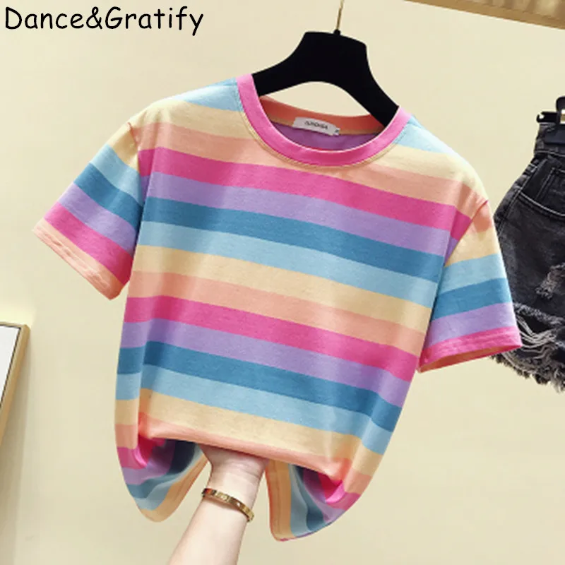 

Girls Rainbow Striped Cotton Tshirt Women Tops Fashion Short Sleeve Female T-shirt Tee Femme 2020 New Summer