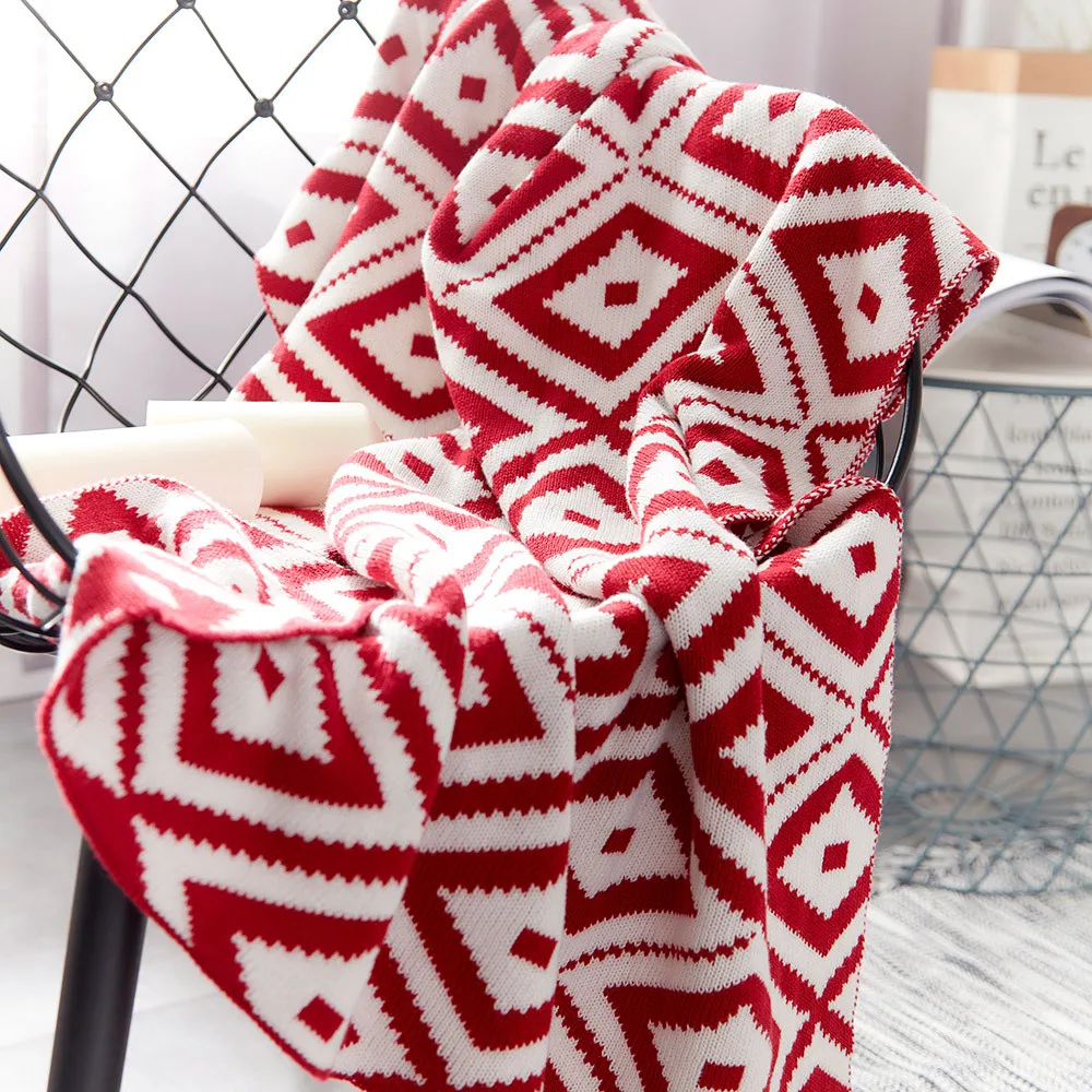 

130x160cm Knitted Blanket Towel Blanket Red Geometric Blankets and Throws Leisure Air Conditioning Lunch Break Blanket for Bed