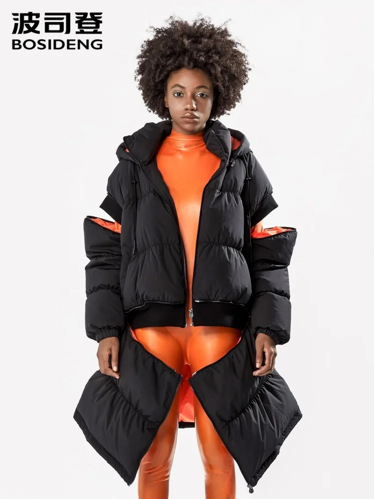 

Bosdeng x Gautier designer co branded series detachable sleeve bottm hat women winter long down jacket B90142966