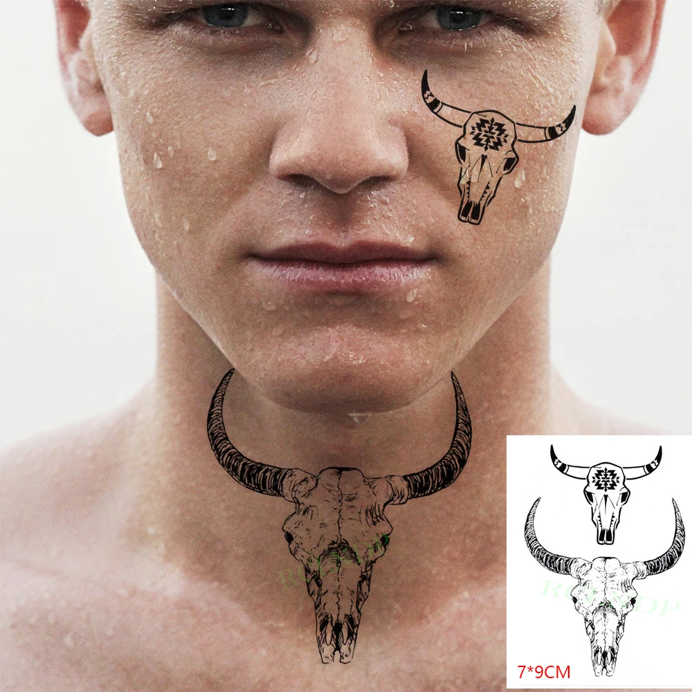 Тату-наклейка Временная водостойкая бык корова череп козла рог тотем поддельный
