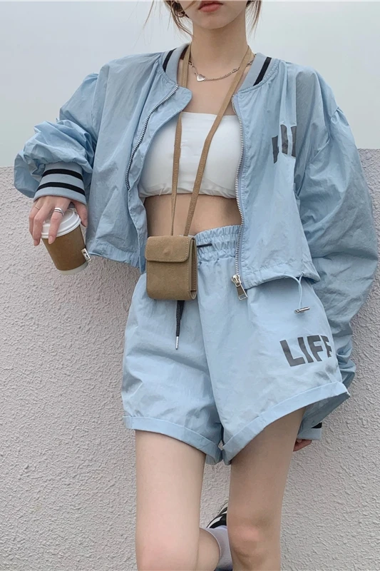 

Summer Pleated Letter Baseball Short Sunscreen Coat + Sports Shorts Two Piece Set