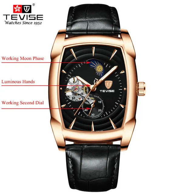 Rose Black With Box TEVISE T829B мужские часы Лидирующий бренд Роскошные Большие Часы мужские 49 мм светящиеся наручные часы с датой и неделей - Цвет: Rose Black With Box