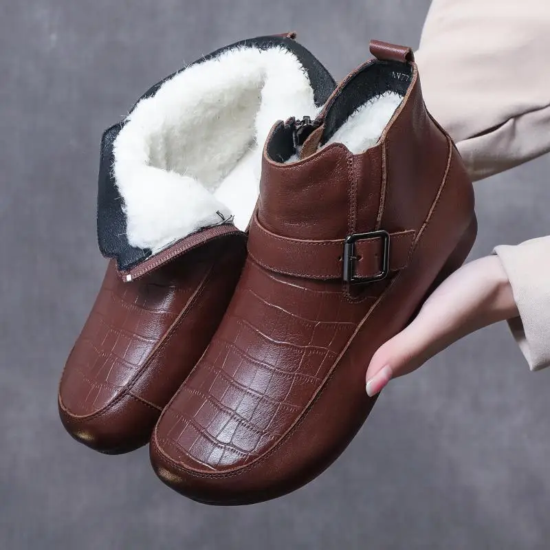 

Новинка 2022, модные зимние ботинки из натуральной кожи, теплые шерстяные ботинки, удобные ботинки на мягкой подошве, женская обувь, зимние ботинки, черные, коричневые
